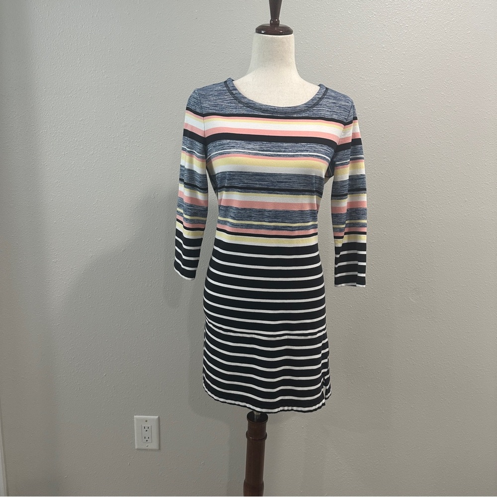 T by talbots colorful striped three-quarter sleeve cotton blend dress